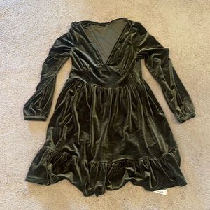 HALARA Olive Green Velvet Long Sleeve V-Neck Dress